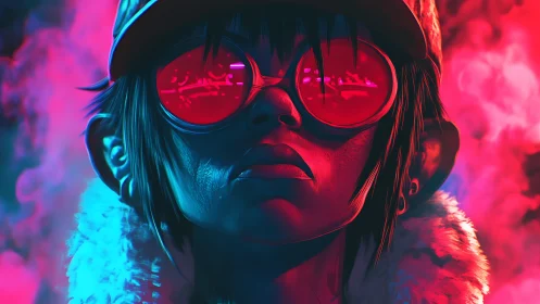 Neon lit portrait of youth in red glasses and cap.