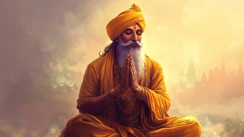 Mystic sage in golden robes meditating at sunrise.