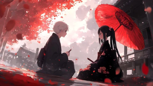 Samurai couple share a quiet vow beneath crimson leaves