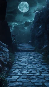 Moonlit cobblestone path between rocky cliffs at night.