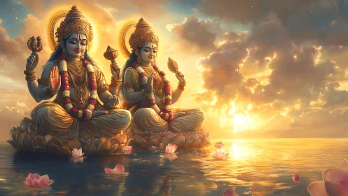 Divine twin deities on lotus thrones in high-detail sunset render