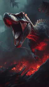 Volcanic twilight crowns a roaring tyrannosaur in ember light