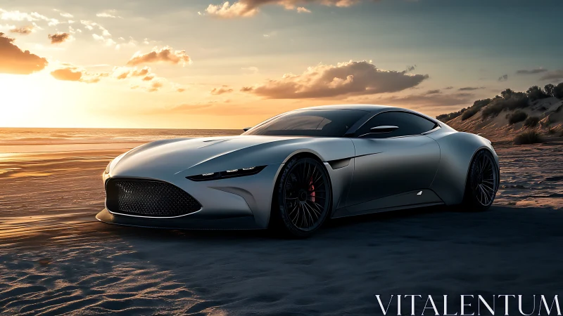 Sculpted silver supercar at sunset in photorealistic render.