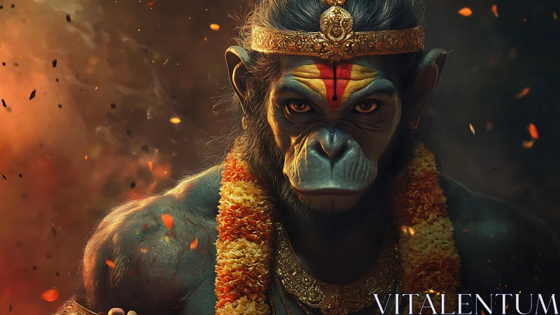 Divine monkey warrior glows within embers and marigolds.