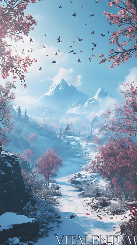 Crimson trees escort a snowy path toward distant crystal peaks