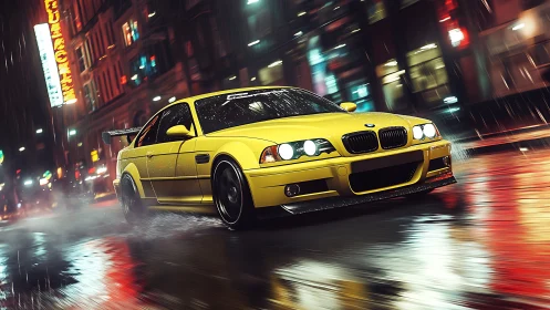 Yellow sports sedan moves through wet neon city street