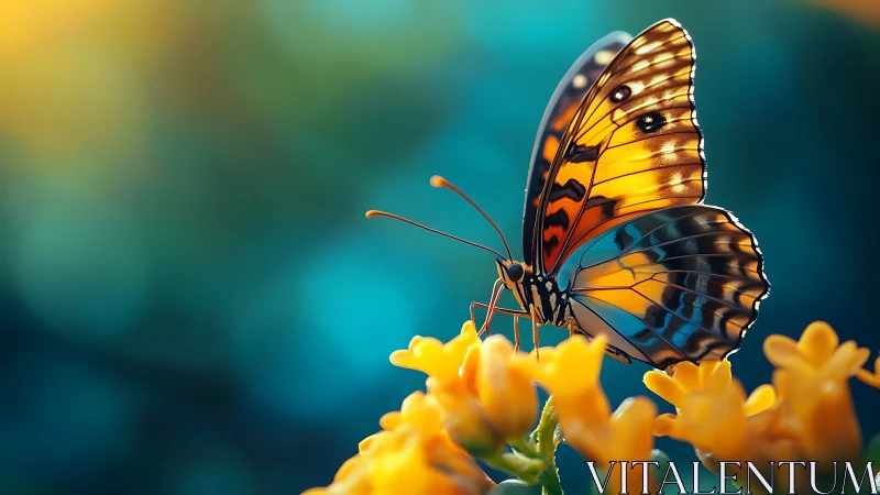 Macro butterfly rests on sunlit yellow blossoms in bokeh field.