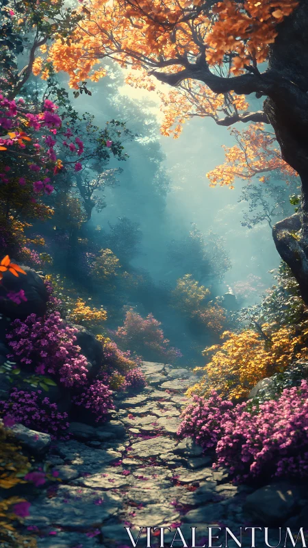 Stone path passes through dense flowering forest corridor