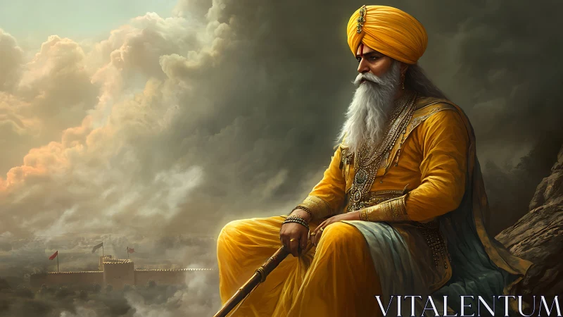 Royal Sikh warrior gazes over fortress beneath stormy skies.