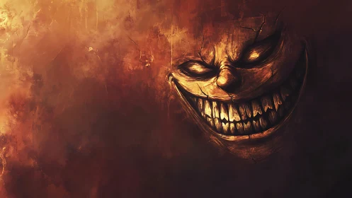 Grinning cracked demon face in dark fiery abstract void.