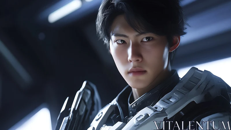 Stellar infantry portrait in reflective tactical exosuit armor.