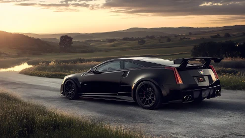 Matte black widebody supercar at sunset on rural asphalt road