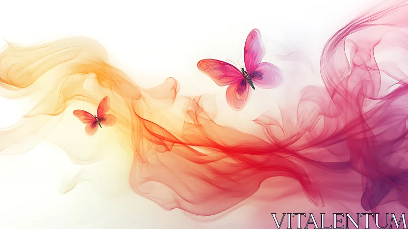 Vibrant pink butterflies glide above swirling chromatic smoke