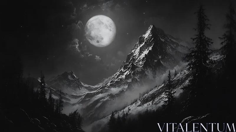 Moonlit alpine peak under night sky in monochrome scene.