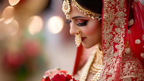 Indian bride in red lehenga glows under soft wedding lights