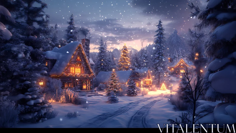 Snowy cabin village glows with warm festive Christmas lights.