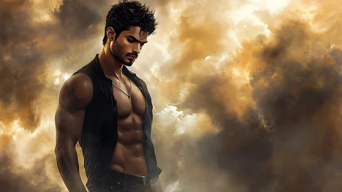 Stormlit lone warrior broods amid molten twilight clouds.