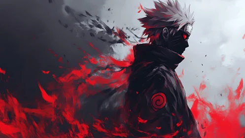 Masked shinobi in crimson chakra storm digital artwork.