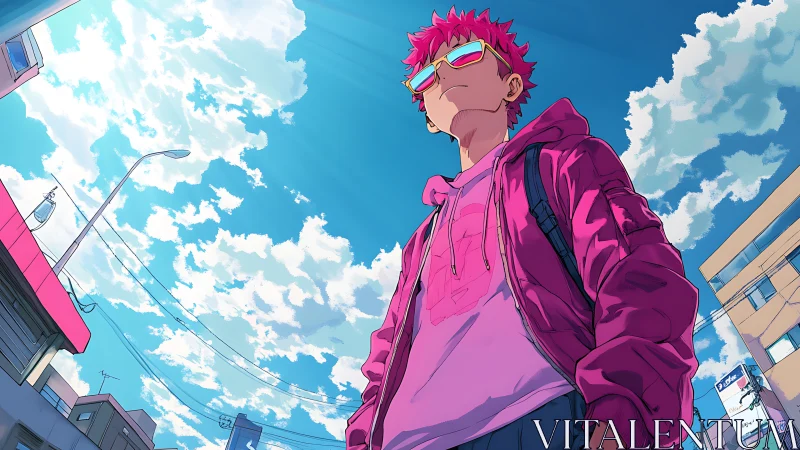 Young figure in pink hoodie standing in bright urban street.