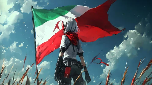 Stormlit rebel sentinel beneath a tattered tricolor banner.