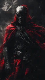 Armored skull warrior emerges from smoke in crimson cloak
