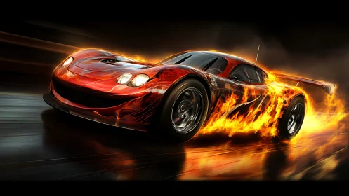 Flaming red race car blazes down a slick midnight track