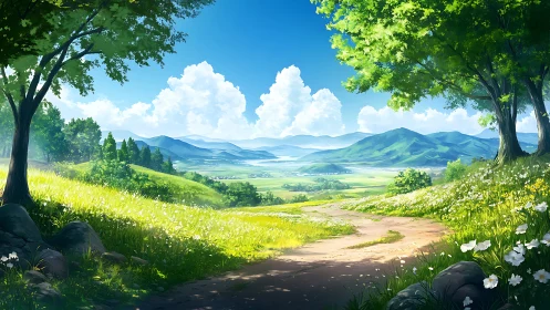 Sunlit country path opens onto bright valley panorama.