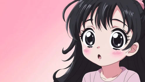 Wide-eyed anime girl on soft pink gradient background.