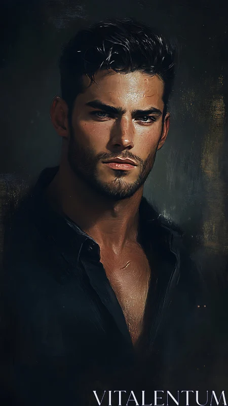 Brooding male portrait in moody chiaroscuro lighting.