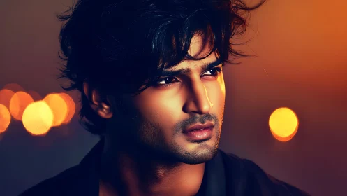 Close-up digital portrait of man against blurred city lights.