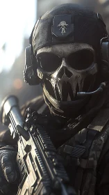 Tactical operator in skull mask with rifle in focus.