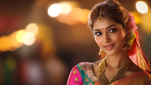 Portrait of Indian woman in bridal sari, gold jewelry, bokeh lights.