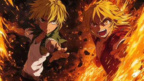 Two blond anime fighters stand in dynamic flaming environment
