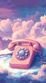 Retro rotary cloud-telephone under chromatic sunset sky.