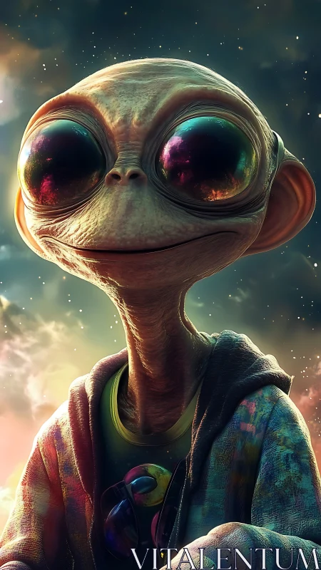 Stylized alien portrait gazes upward in glowing nebula sky