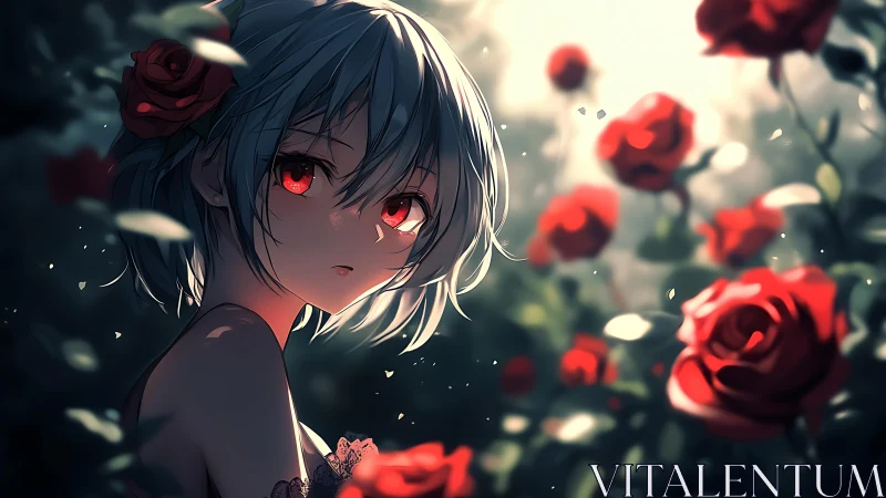 Melancholic anime girl amid glowing red rose garden.