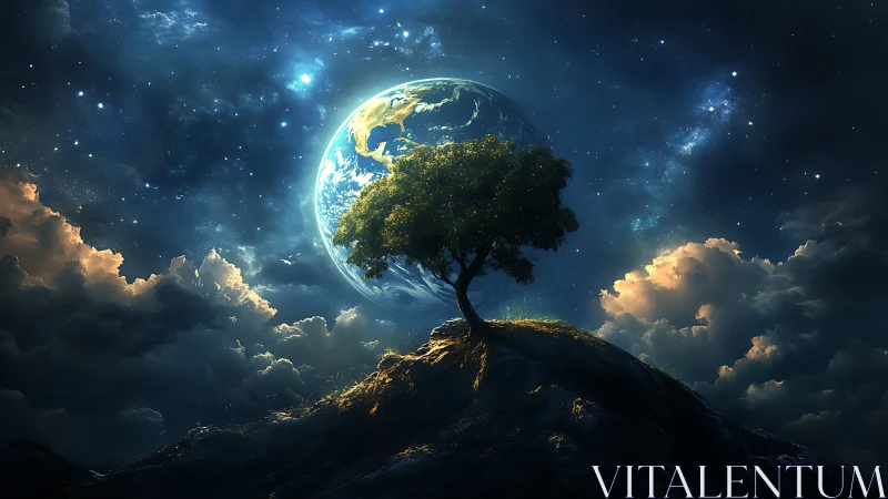 Lone terrestrial tree silhouetted against luminous cosmic Earth.