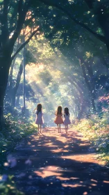 Three children walk along a sunlit forest pathway