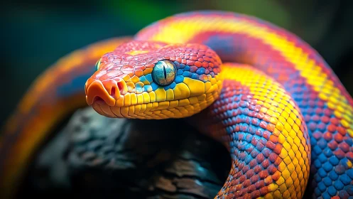 Vibrant rainbow serpent coiled on branch in sharp focus.