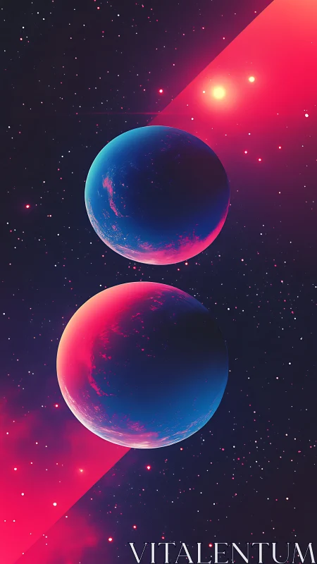 Twin neon planets drift softly through a dreamy cosmic sky