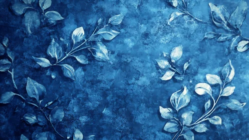 Blue textured background shows stylized white leafy branches