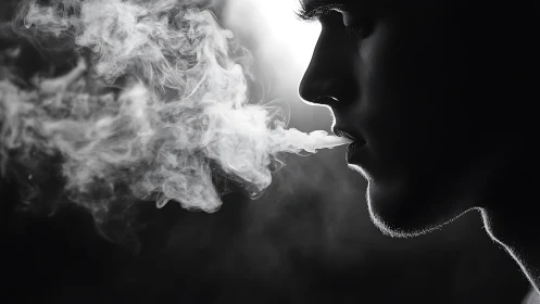 High contrast side-profile portrait capturing exhaled smoke plume