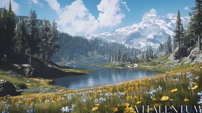 Mountain lake meadow under bright summer sky panorama.