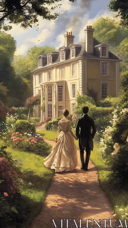 Romantic couple strolls toward a grand manor at golden hour.