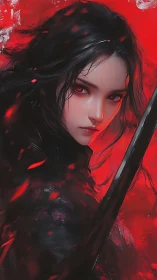 Scarlet-eyed warrior poised in swirling crimson storm.
