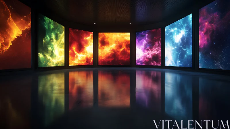 Windows of cosmic color in a quiet reflective gallery.