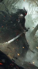 Dark armored wraith strides through burning forest haze.