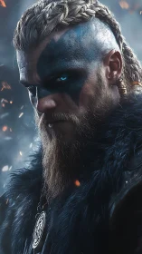 Brooding Viking warrior stands in ember-lit icy mist