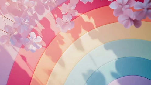 Soft pink flowers cast shadows over curved pastel rainbow