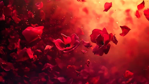Red Poppies Swirling in Fiery Light. Dramatic Floral Motion.